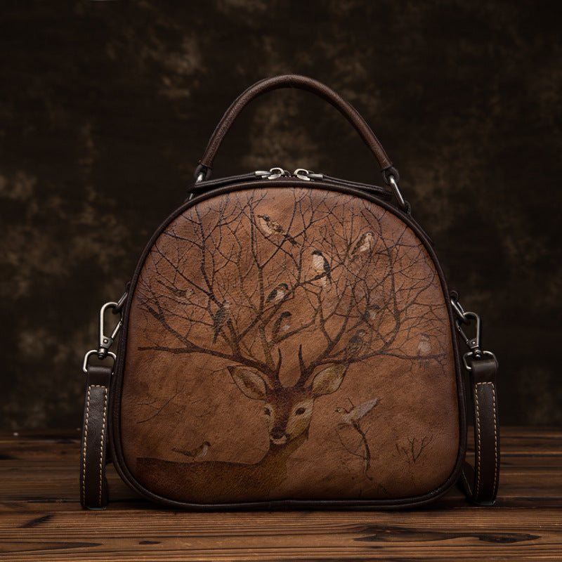 Retro Deer Bird Hand-Painted Leather Bag