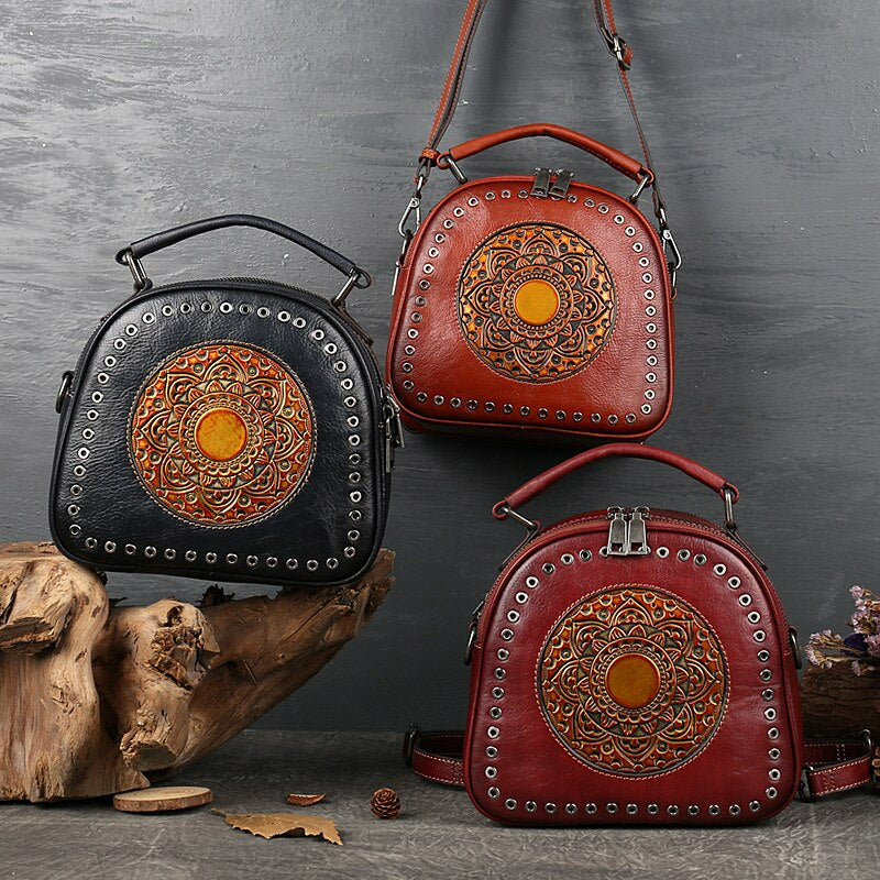 Retro Totem Women Real Leather Handbag