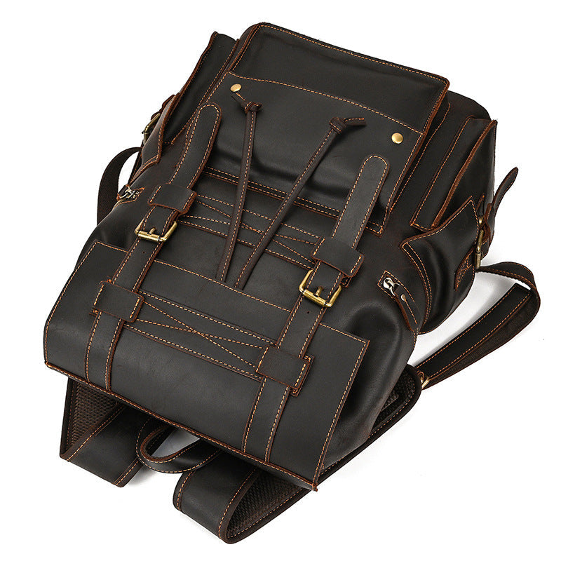 Retro Crazy Horse Leather Backpack – Large Capacity 16-Inch Cowhide Laptop & Travel Bag with Multi-Flap Pockets