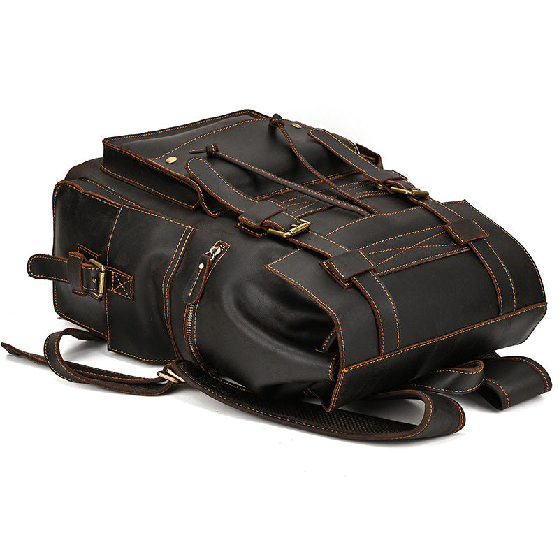 Retro Crazy Horse Leather Backpack – Large Capacity 16-Inch Cowhide Laptop & Travel Bag with Multi-Flap Pockets
