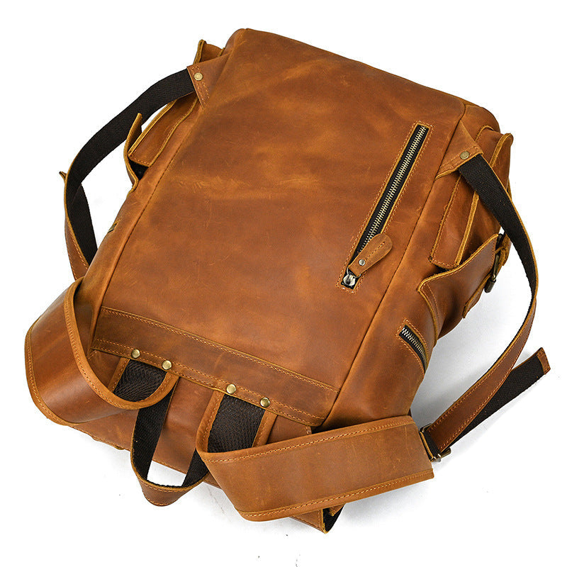 Retro Crazy Horse Leather Backpack – Large Capacity 16-Inch Cowhide Laptop & Travel Bag with Multi-Flap Pockets