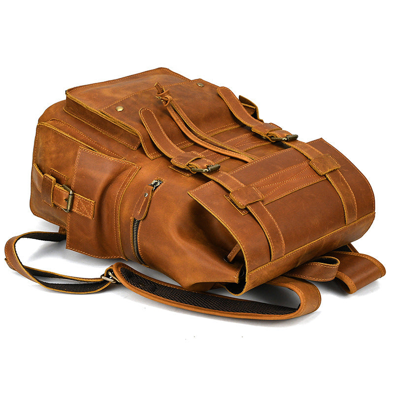Retro Crazy Horse Leather Backpack – Large Capacity 16-Inch Cowhide Laptop & Travel Bag with Multi-Flap Pockets