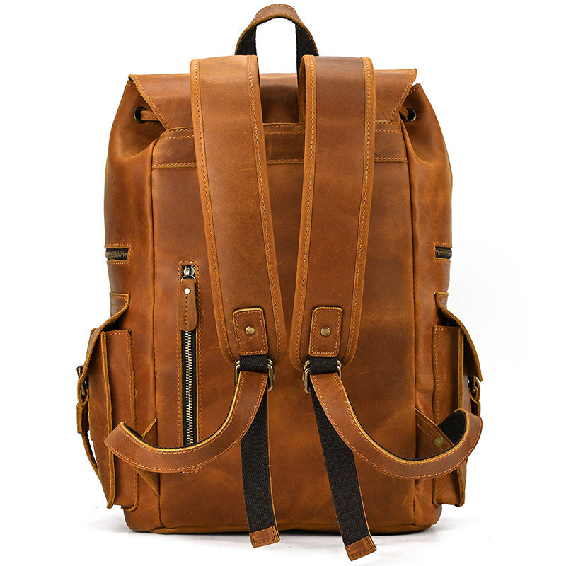 Retro Crazy Horse Leather Backpack – Large Capacity 16-Inch Cowhide Laptop & Travel Bag with Multi-Flap Pockets