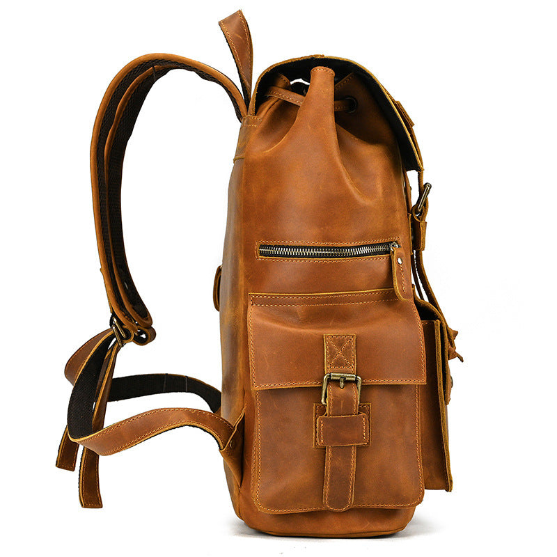 Retro Crazy Horse Leather Backpack – Large Capacity 16-Inch Cowhide Laptop & Travel Bag with Multi-Flap Pockets