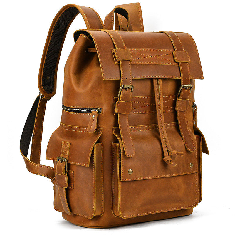 Retro Crazy Horse Leather Backpack – Large Capacity 16-Inch Cowhide Laptop & Travel Bag with Multi-Flap Pockets