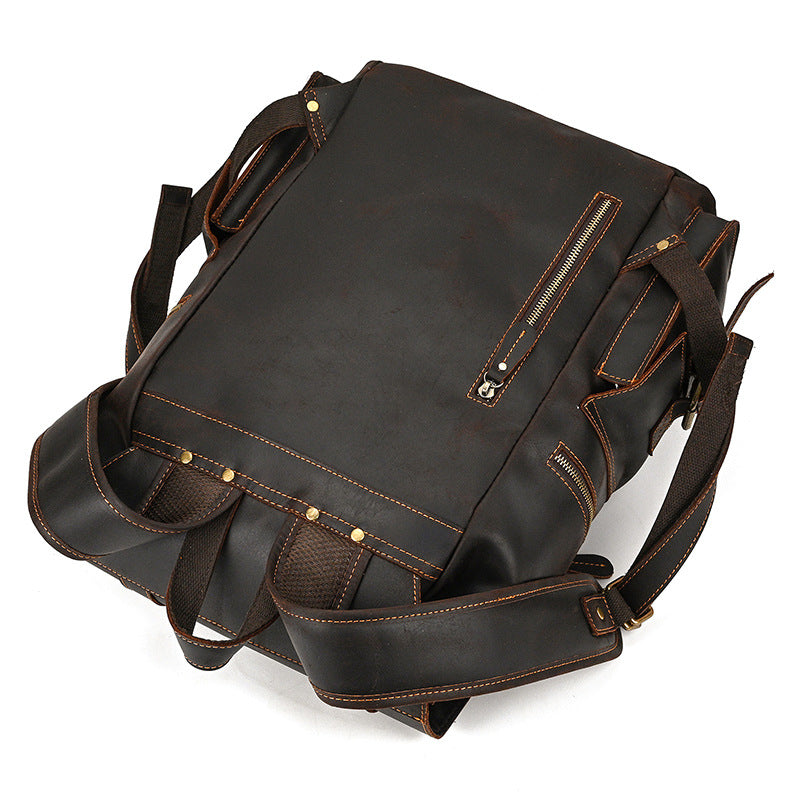 Retro Crazy Horse Leather Backpack – Large Capacity 16-Inch Cowhide Laptop & Travel Bag with Multi-Flap Pockets
