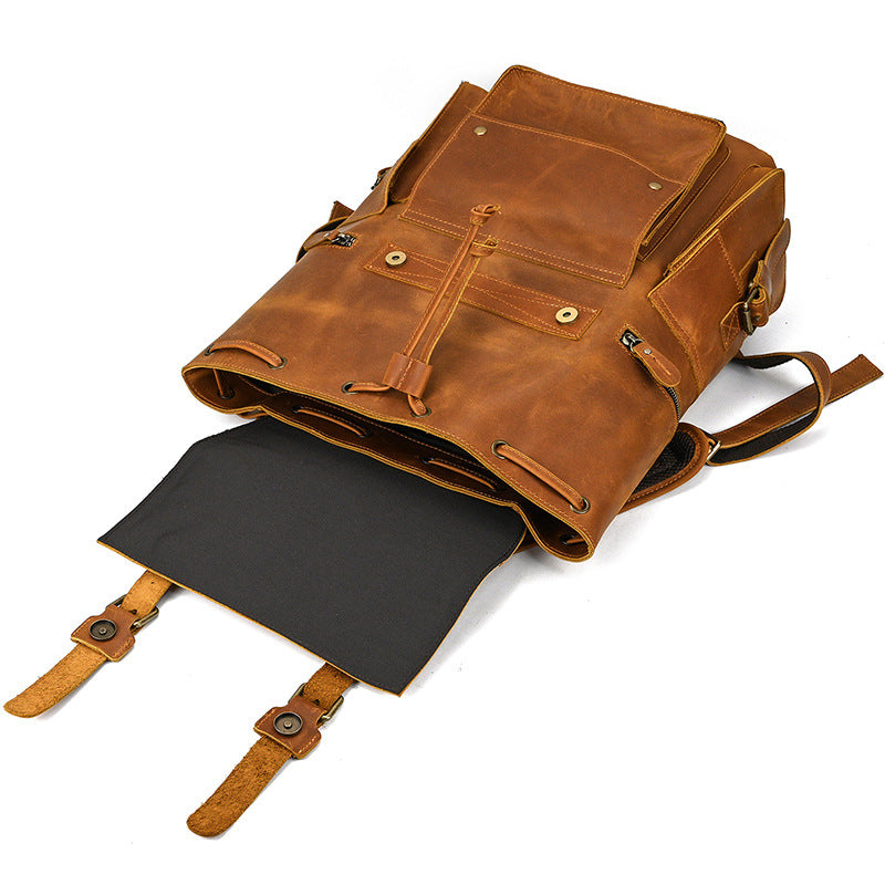 Retro Crazy Horse Leather Backpack – Large Capacity 16-Inch Cowhide Laptop & Travel Bag with Multi-Flap Pockets