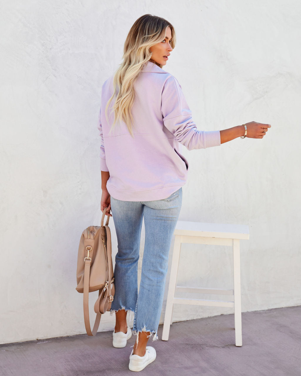 Rina Cotton Blend Pocketed Half Zip Pullover - Lilac