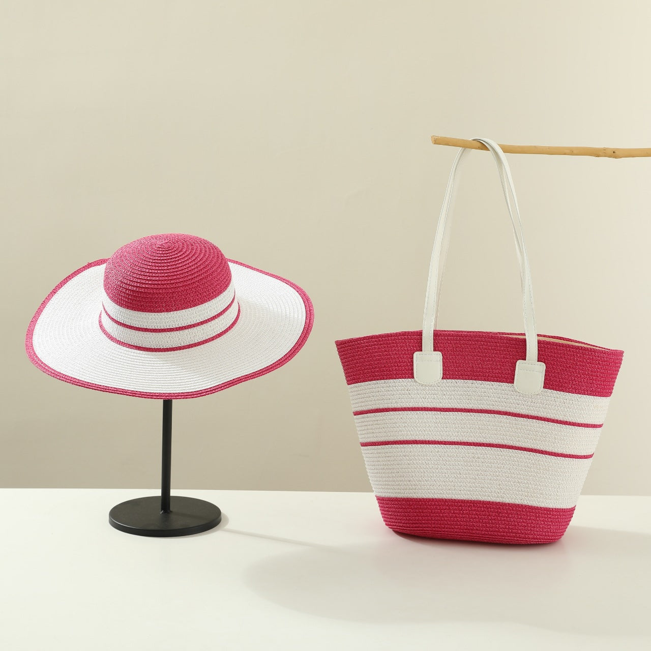 Handmade Designer Beach Straw Hat and Bag Set for Women