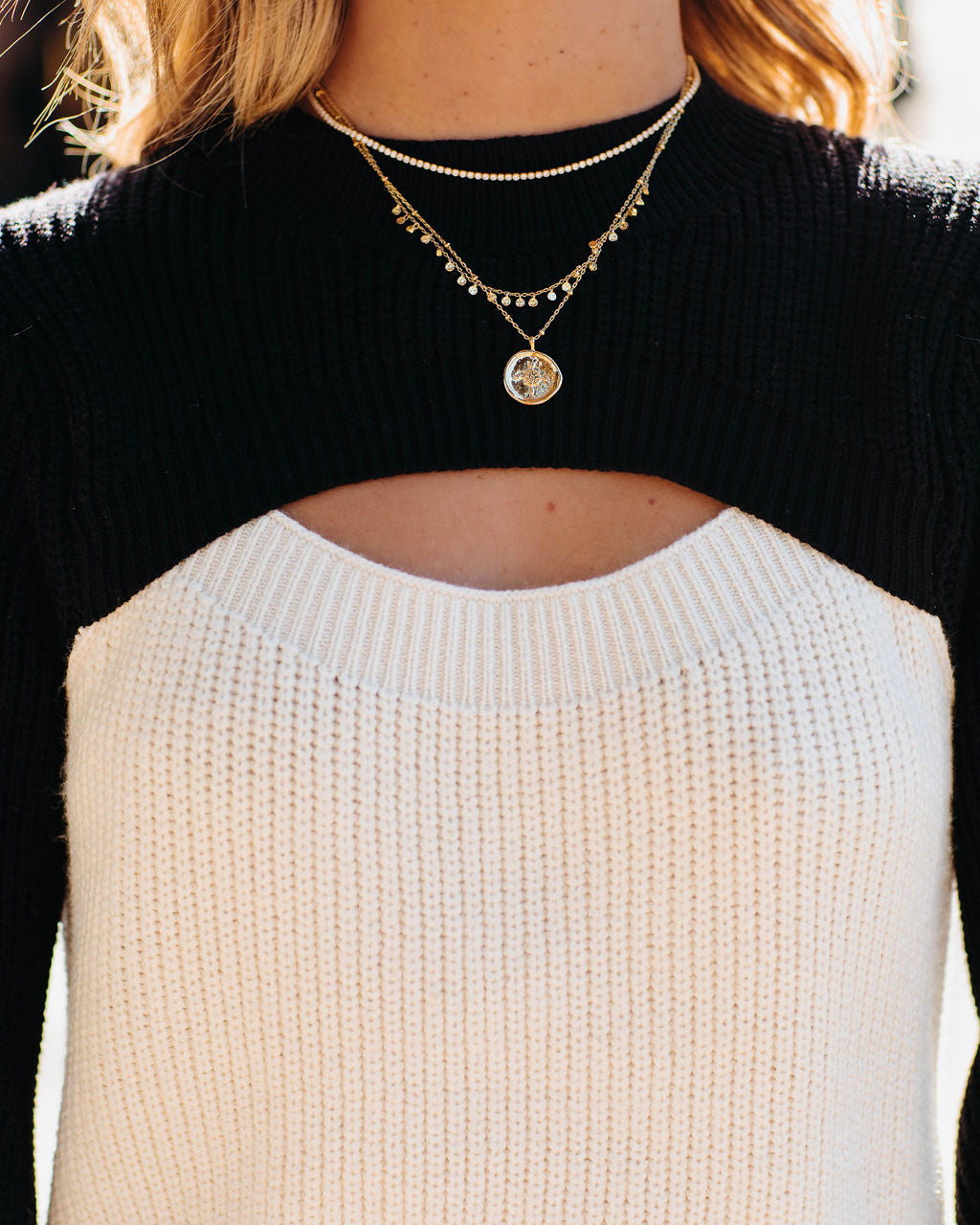 Rozie Colorblock Crop Knit Cutout Sweater - Black Ivory