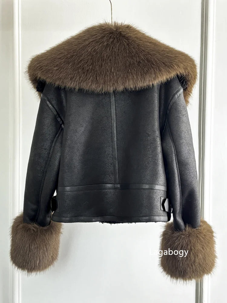 Women Faux Fur Collar Street Style Leather Jacket