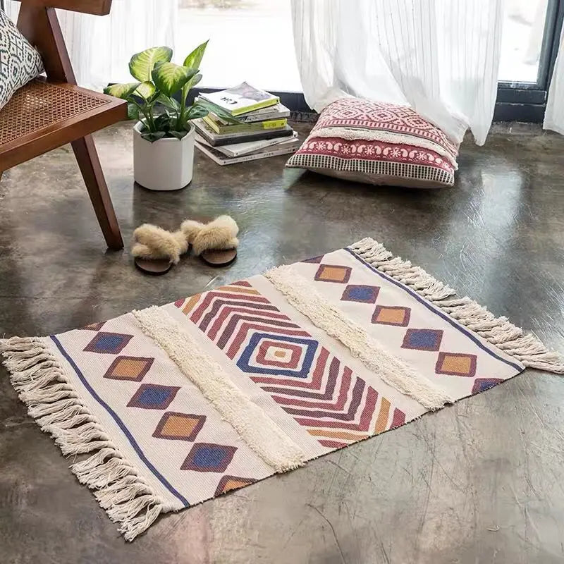Cotton Linen Retro Rug Tapestry Home Decor Geometric Floor Mats for Bedroom Living Room Hand Woven Bohemian Tufted Tassel Carpet