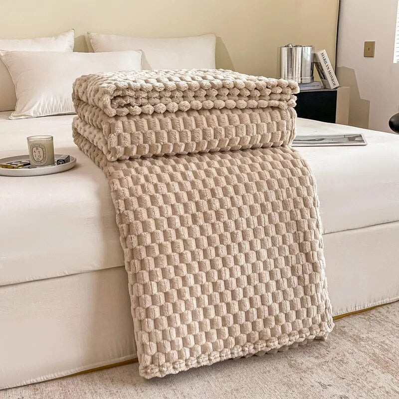 Solid Plaid Bed Blanket Autumn Winter Soft Warm Fluffy Throw Blanket Sofa Coral Fleece Bedspread On Bed For Adults Kids Blankets