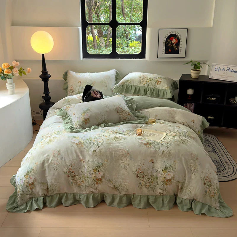 Korean Style Bedding Set 100% Cotton Green Flowers Printed Princess Duvet Cover Sets Fitted Bed Sheet Pillowcases Home Textile