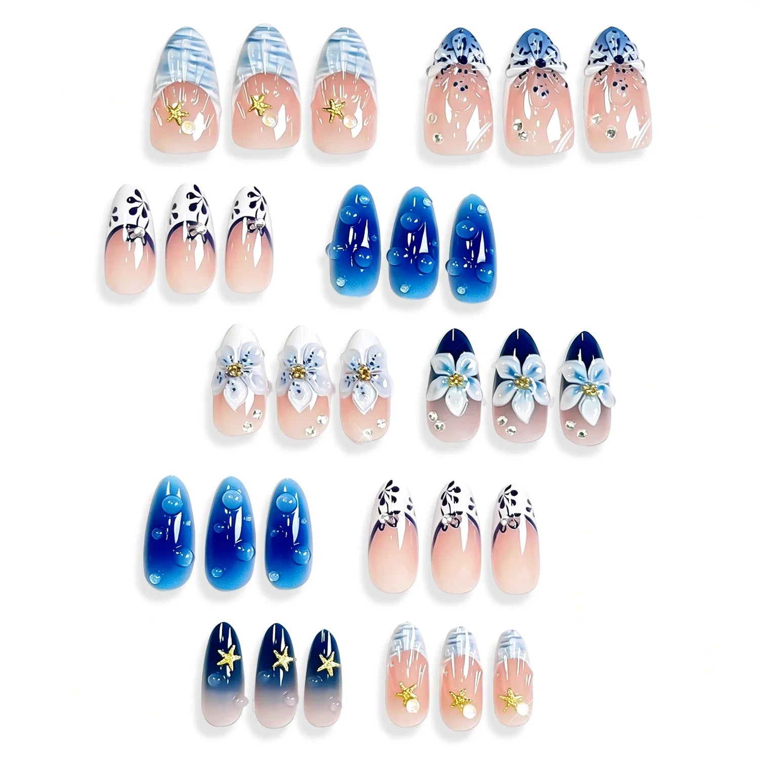 10pcs Blue Gradient French Almond Shaped False Nails 3D Flowers Shell Bubble Design  Press on Nails Wearable False Nails Tips