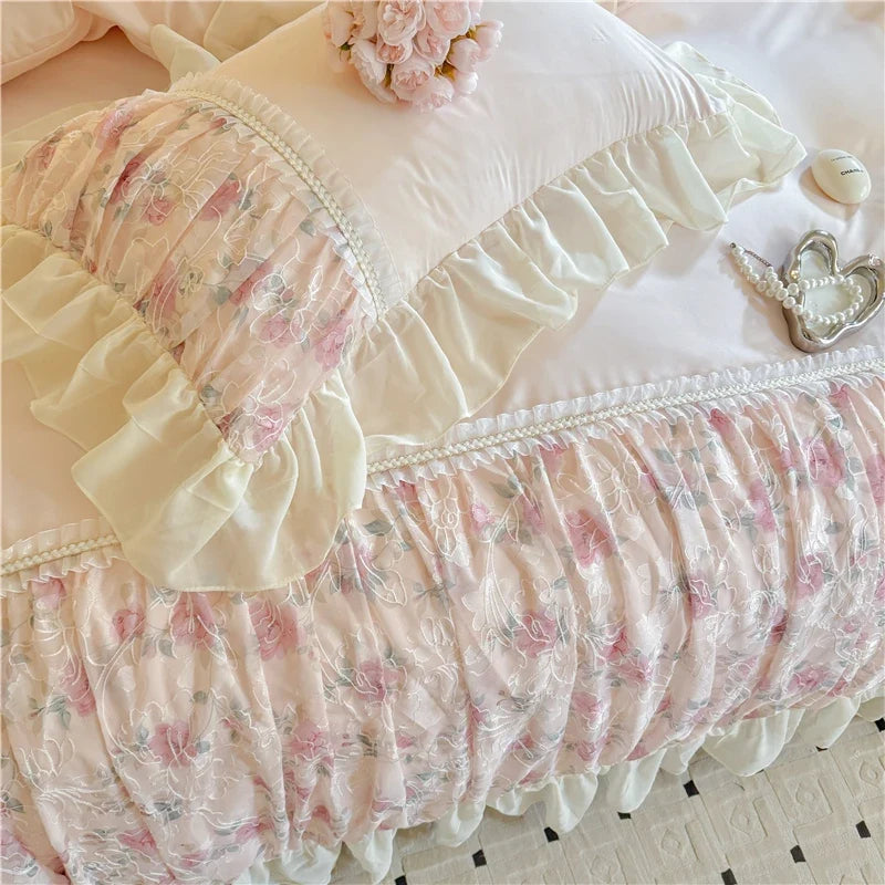 3/4Pcs Princess Style Pink Floral Print Lace Ruffle Boiled Cotton Bed Set Queen Size Double Bed Linen Full-Size For Room