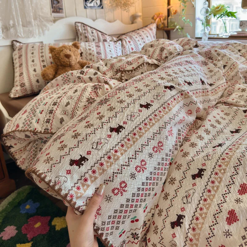 Class-A Pure Cotton Shell Edge Bedding Sets Ins Printing Bedclothes for Four Seasons Soft Skin-Friendly Home Textile for Adults