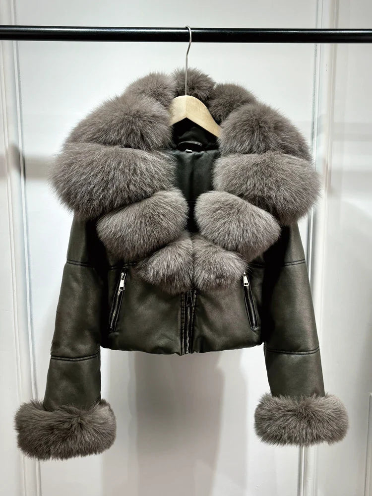 Fashion Fox Fur Women Winter Short PU Leather Jacket Warm Coat