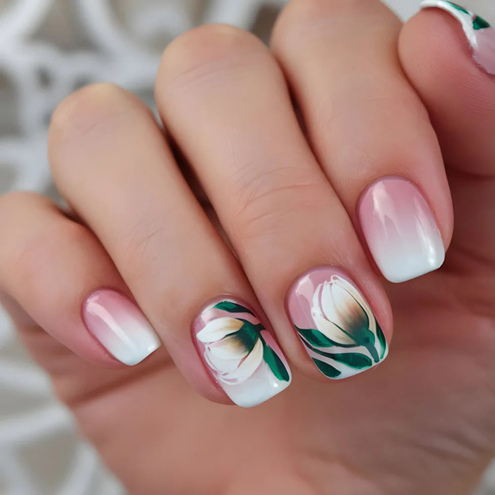 24pcs Sweet Cool False Nails Gradient French Fake Nail Tips with Purple Flowers Design Short Square Press on Nails Colorful Nail