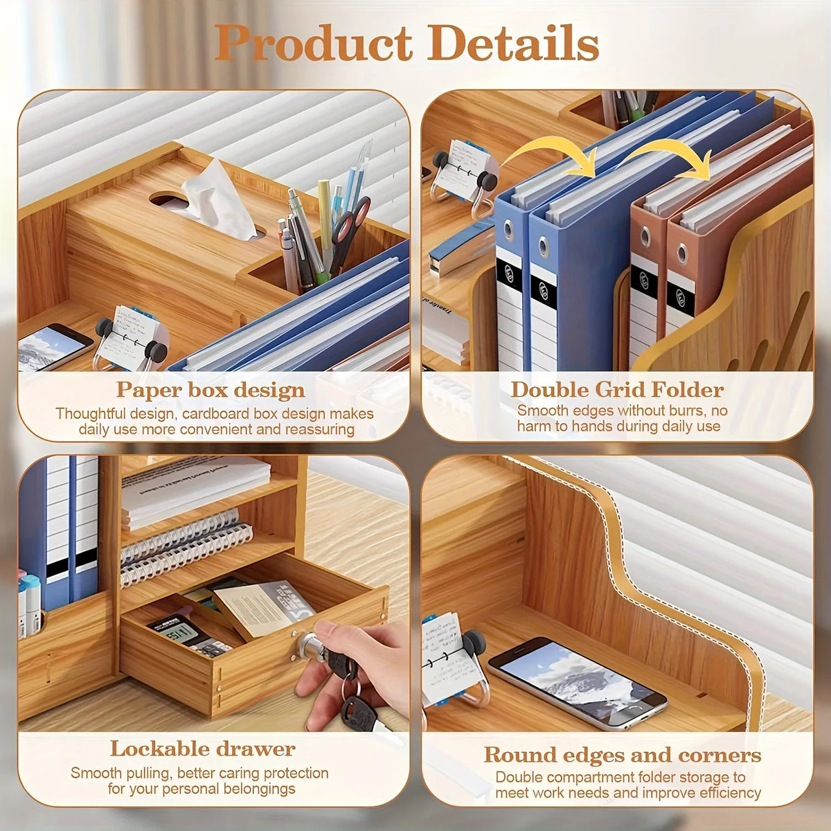 Wooden Desktop Organizer Desktop Storage Box Office Supplies Stackable File Holder with Pen Slot Key Hook Stationery Organizer