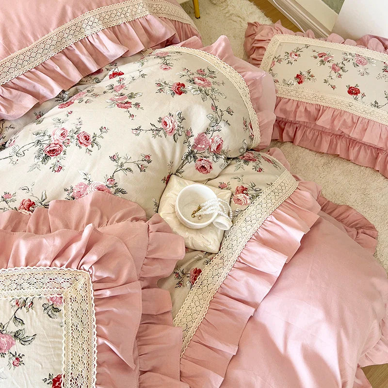 Egyptian Cotton Flowers Printng Bedding Set Luxury Pink Princess Lace Quilt Pillowcases Home Textile