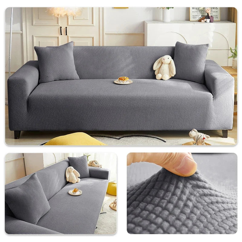 Solid Elastic Adjustable Sofa Cover,Non-slip Jacquard Corn Fleece Slipcover for Living Room Pet Anti-Scratch Dustproof Full Wrap