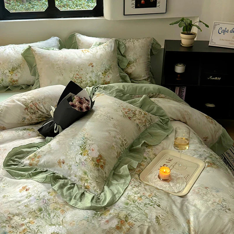 Korean Style Bedding Set 100% Cotton Green Flowers Printed Princess Duvet Cover Sets Fitted Bed Sheet Pillowcases Home Textile