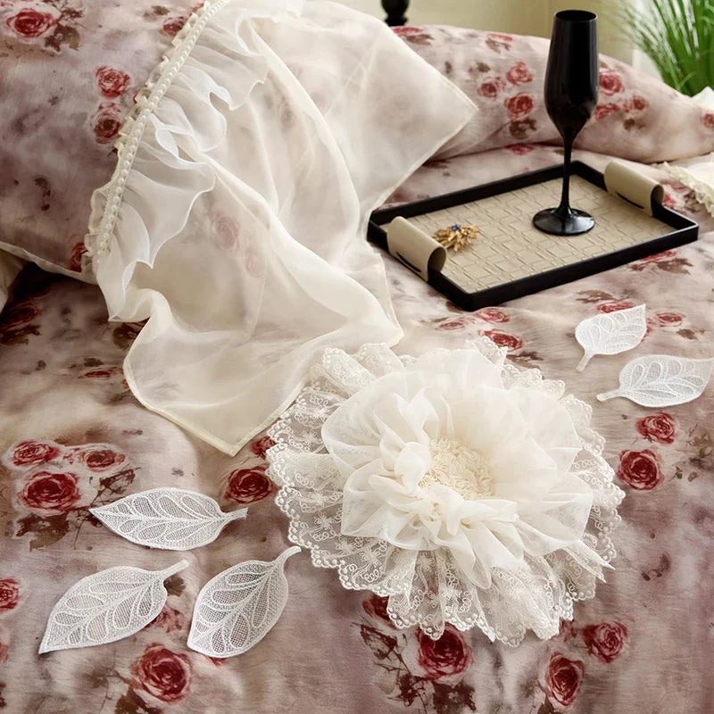 Vintage Rose Flowers Prints Lace Ruffles Lyocell Soft Silky Bedding Set Duvet Cover Bed Sheet/Fitted Sheet/Bed Skirt Pillowcases