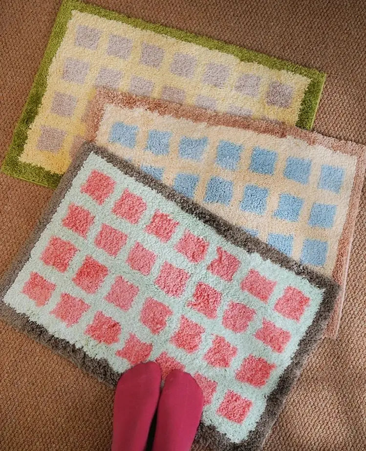 Cute Plaid Soft Tufted Carpet Ant-slip Rug Floor Mats Bathroom Absorbent Bathroom floor mat plush carpet toilet non-slip