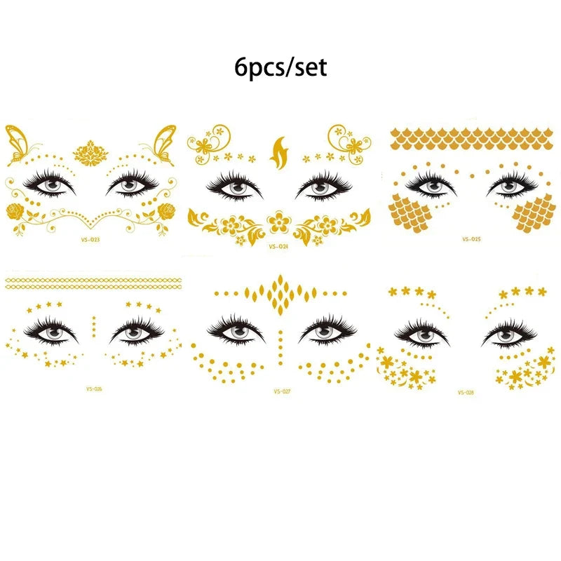 Glitter Stickers Face Tattoo Flash Gold Temporary Metalic Tattoos Waterproof Makeup Decals for Girls Party Music Festival