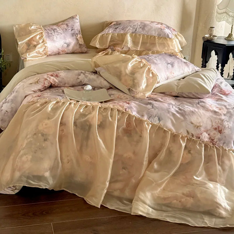 4Pcs French Princess Style Tencel Cotton Ice Silk Summer Cooling Comforter Set Blue Print Ruffle Bedding Set 1.5M Bedspread