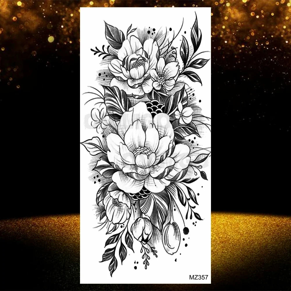 Realistic Black Rose Flower Temporary Tattoos Fake Waterproof Tatoo Body Art Arm Leg Floral Peony Bloosom Tattoo Stickers Makeup