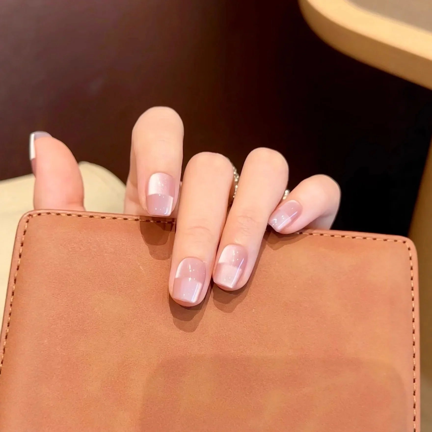 10Pcs Sweet Heart Nail Glitter Diamond Fake Nails Cute French Short Square Press on Nails Cat Eye Pearl Fake Nails Nude Natural