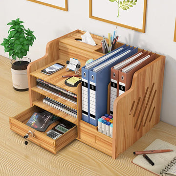 Wooden Desktop Organizer Desktop Storage Box Office Supplies Stackable File Holder with Pen Slot Key Hook Stationery Organizer