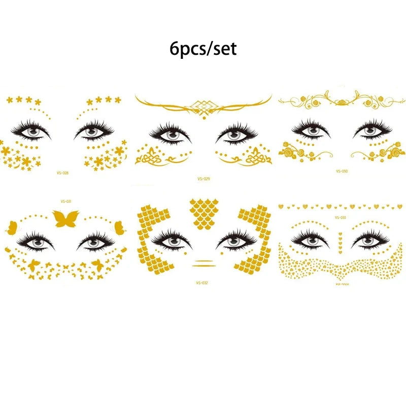 Glitter Stickers Face Tattoo Flash Gold Temporary Metalic Tattoos Waterproof Makeup Decals for Girls Party Music Festival