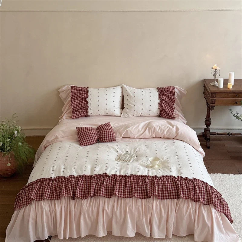 100% Cotton Duvet Cover Set Red Plaid Ruffle Sweet Girls Bedding Set With Pillowcases Romantic Princess Style Bed Linen For Home
