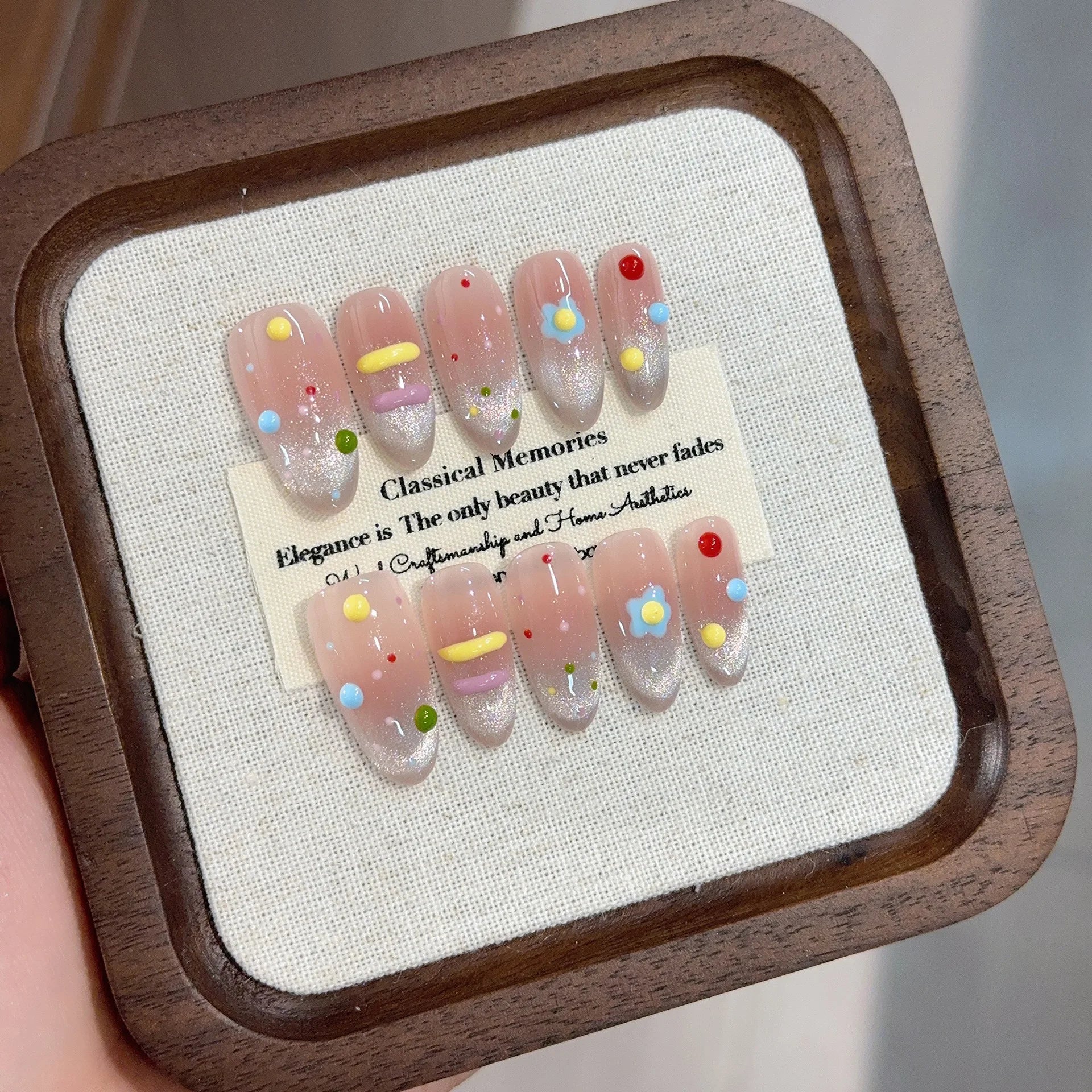 10Pcs Sweet  Almond Press on Nails Blue French Gradient Cat Eye False Nails Pink Bow Pearl Rhinestone Fake Nails for Daily Party
