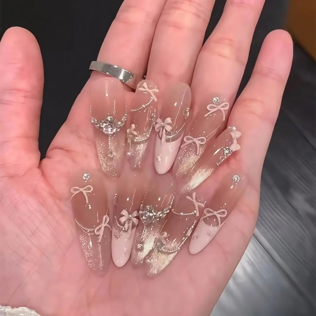 10pcs French Bowknot Fake Nails Glitter Diamond Stick on Nails Long Stiletto False Nails Mini Flowers Nail Tip Cat Eye Nail Art