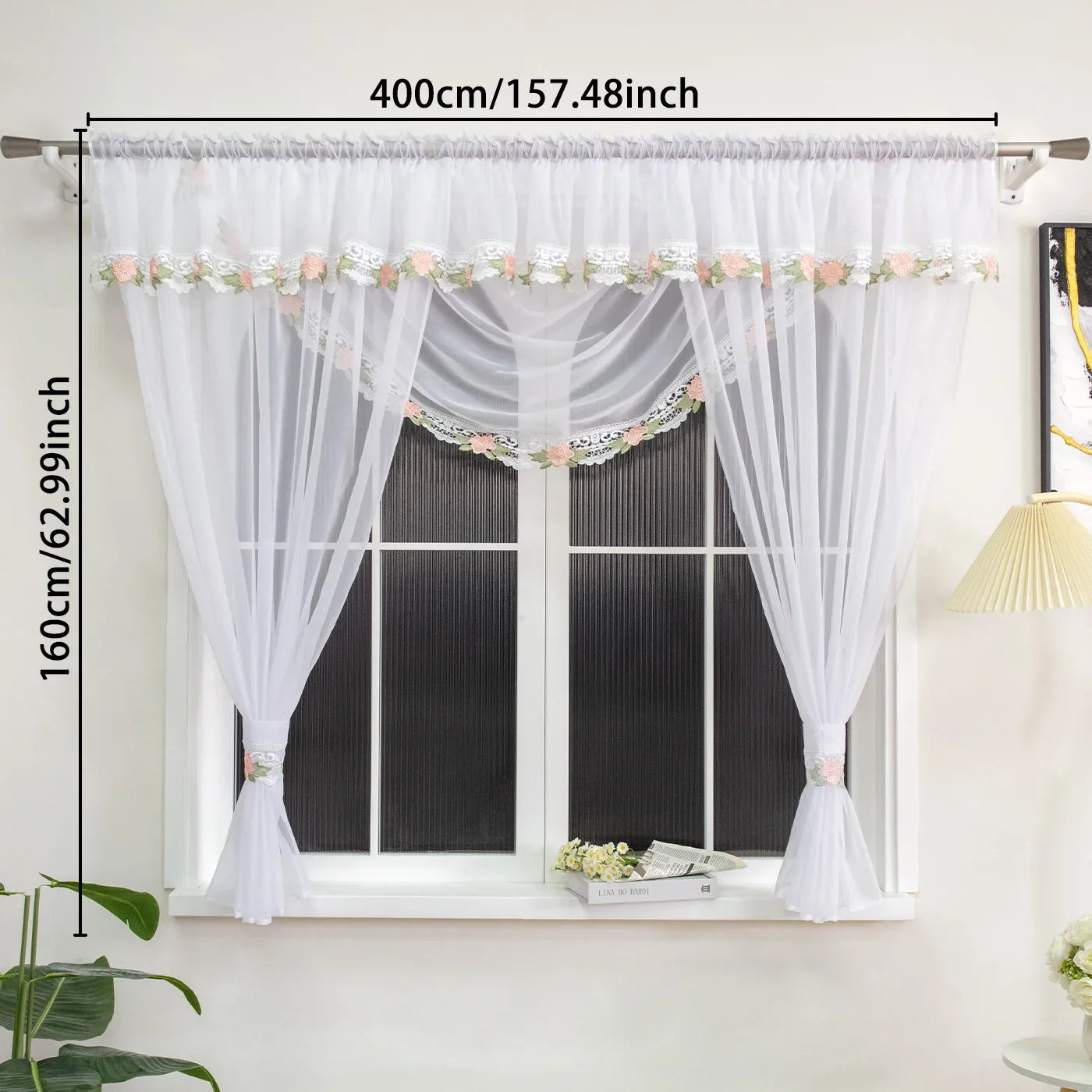 1PC French Floral Lace Sheer Curtain, Romantic Rose Trim Semi‑Transparent Gauze, For Living Room, Sweet Housewarming Gift