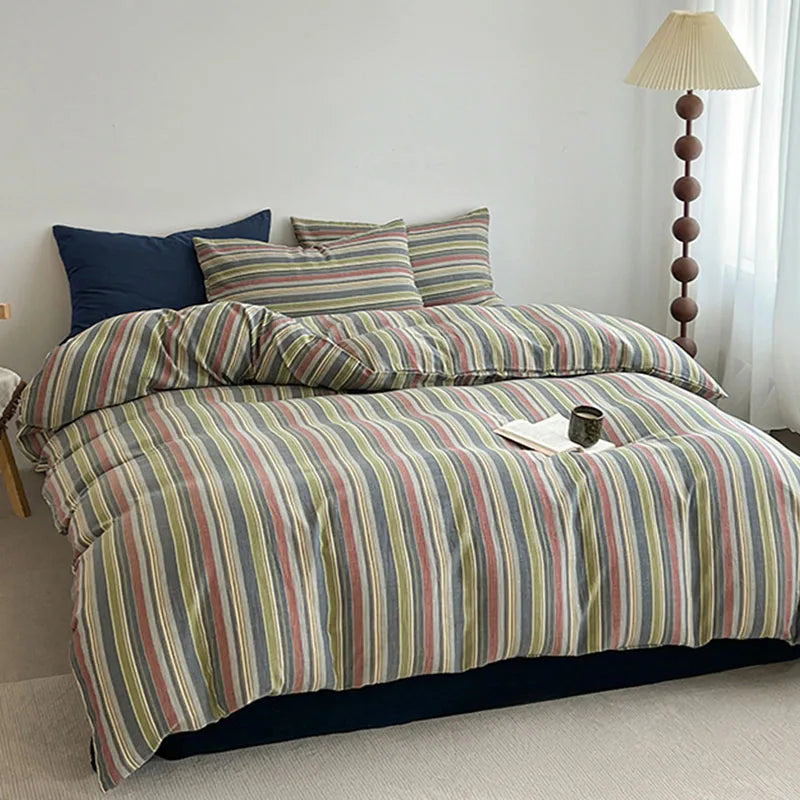 Nordic Simple Stripe Printed Bedding Sets Soft Washed Cotton Skin Friendly Duvet Cover Kit Cozy Bedclothes for Summer and Autumn