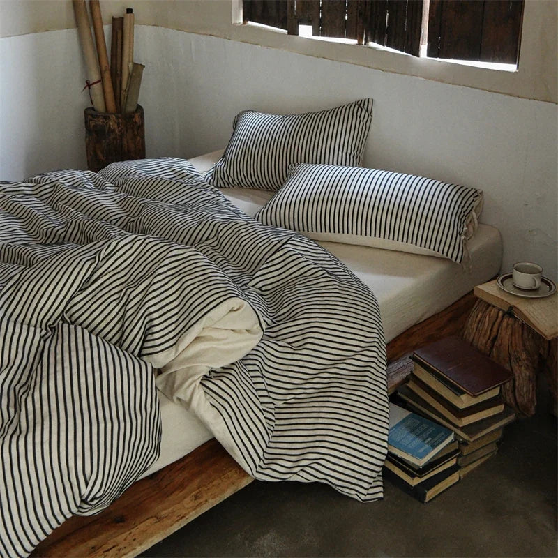 Linen Cotton Simple Stripes Jacquard Nordic Style Bedding Set Single Double Queen King Duvet Cover Flat Sheet Pillowcase