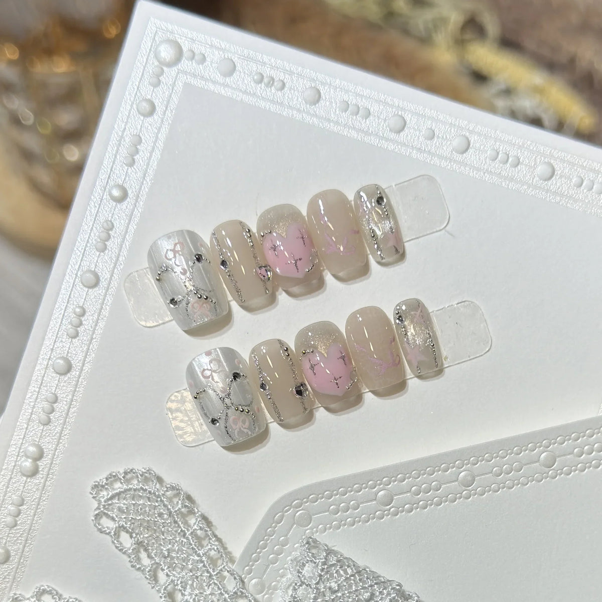 10pcs Colorful Plaid Press on Nails Shiny Cat Eye False Nails Silver Star Nail Cute Sweet Short Square Press on Nails for Girl