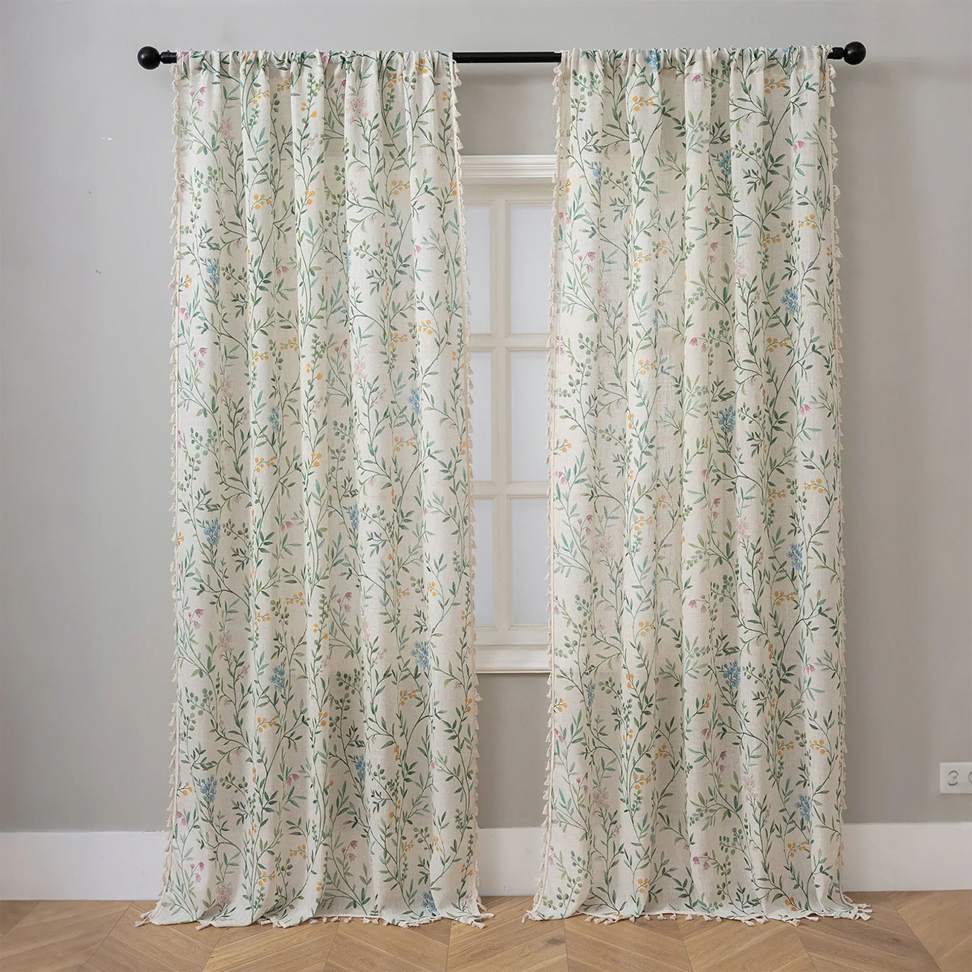 New Semi-Sheer Blackout Curtains, Slub Linen Look Floral Print Rod Pocket Drapes for Living Room Bedroom, 1/2 Panels Ready Made