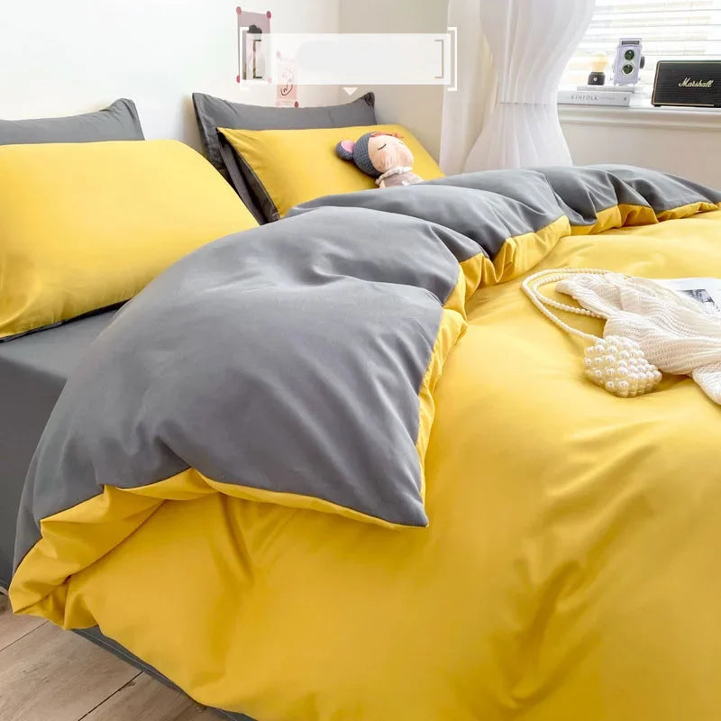 Luxury Washed Cotton Solid Bedding Set 3-4 Pcs Yellow Home King Size Duvet Cover Set with Flat Sheets Simple Queen Bedding Sets