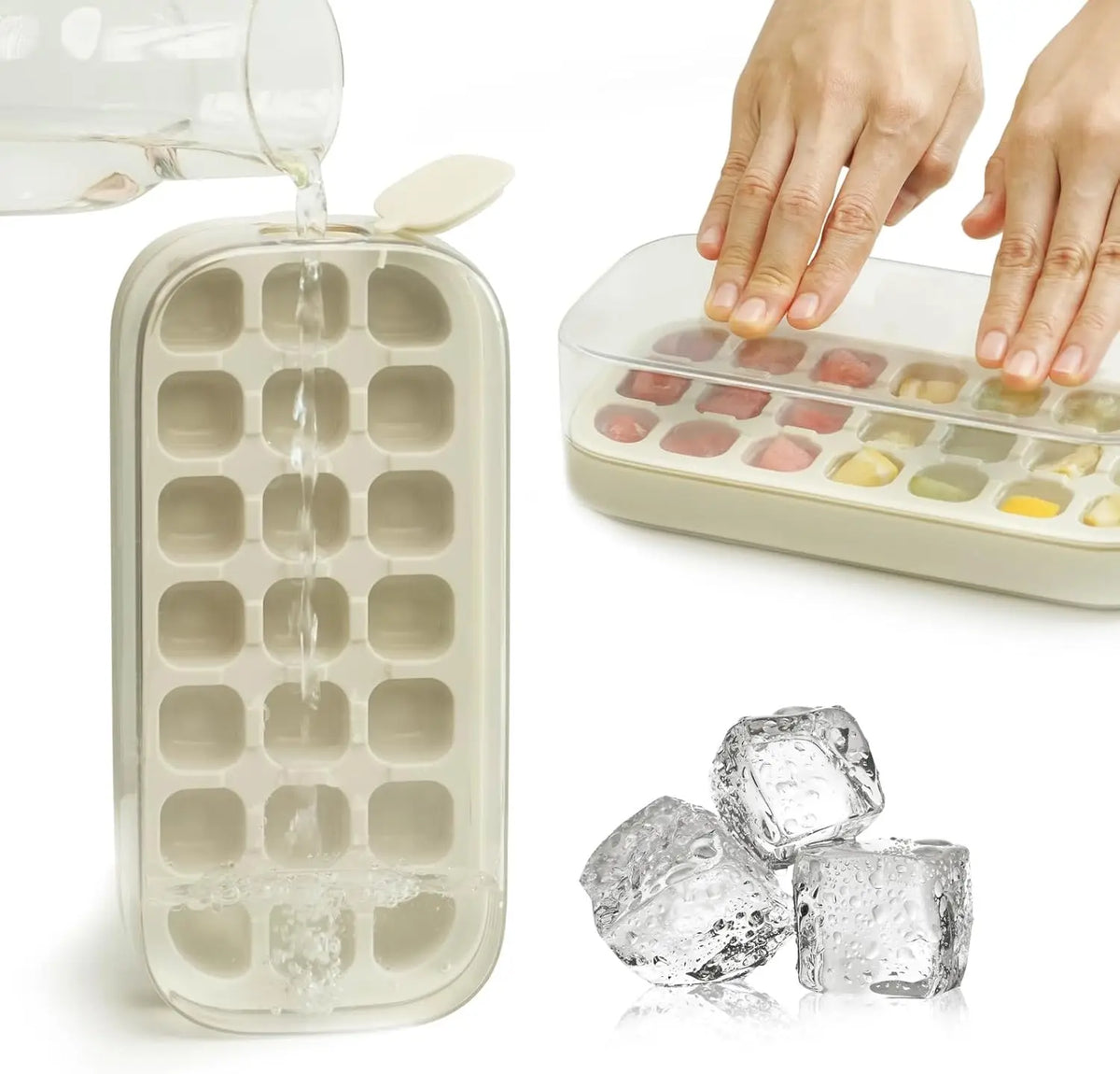New Ice Cube Tray with Lid and Bin 21 Pcs Quick-Fill No-Touch Ice Cube Mold for Summer DIY Freezer Cocktail Tea Whisky Ice Box