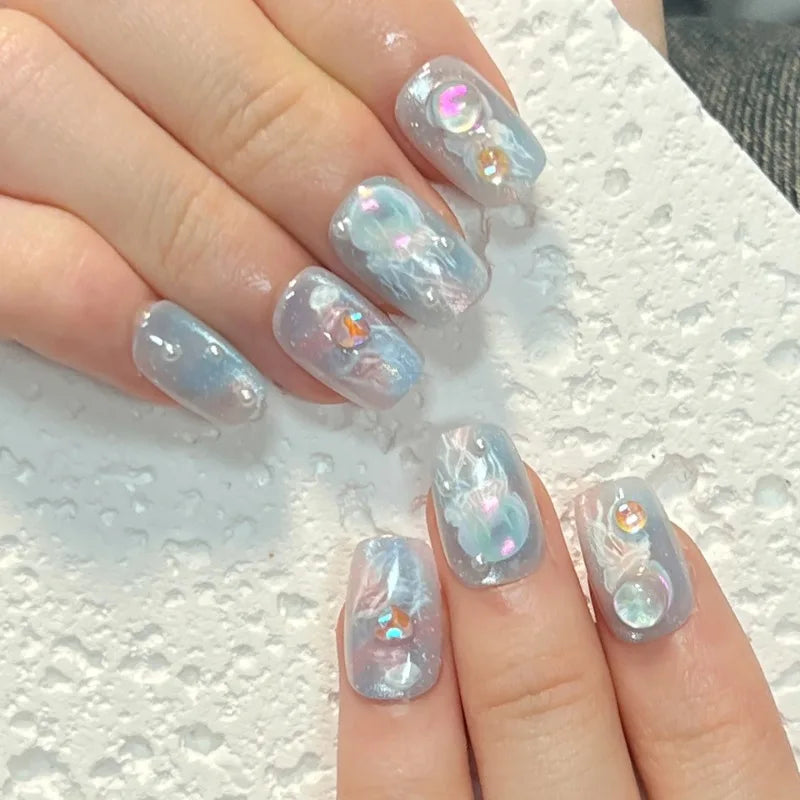 10Pcs Short Handmade Press On Nails Full Cover Cat Eye Shell Design Ocean Bubble Cute Fake Nails Wearable Manicure Nail Tips Art