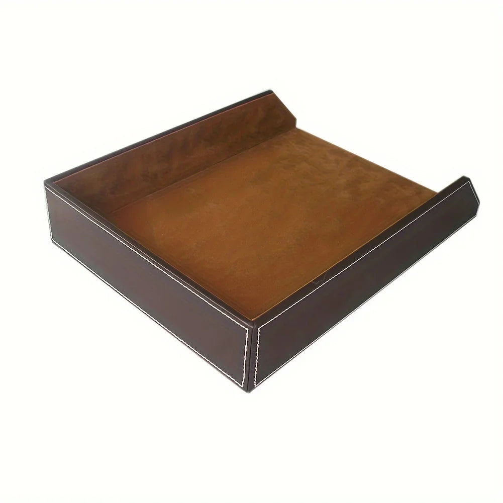 1pc Coffee-colored Plain Single-layer File Tray Made Of PU Leather For Desktop File Storage