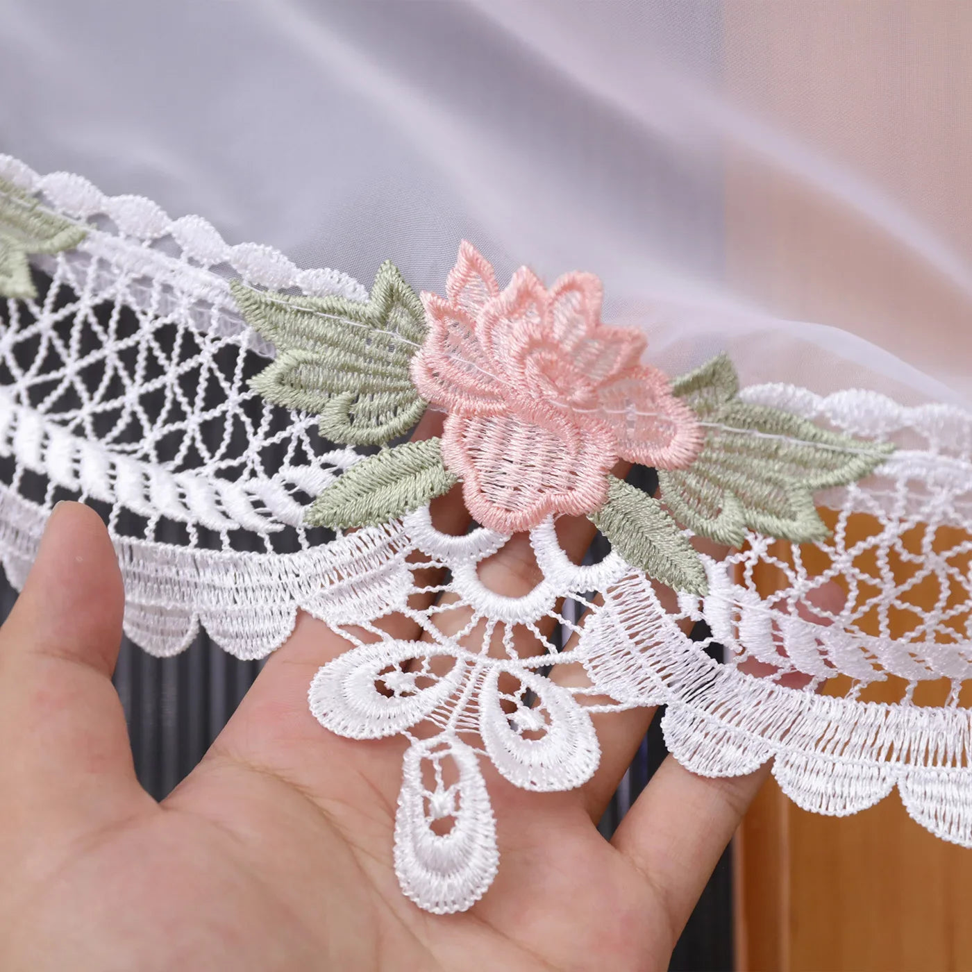 1PC French Floral Lace Sheer Curtain, Romantic Rose Trim Semi‑Transparent Gauze, For Living Room, Sweet Housewarming Gift
