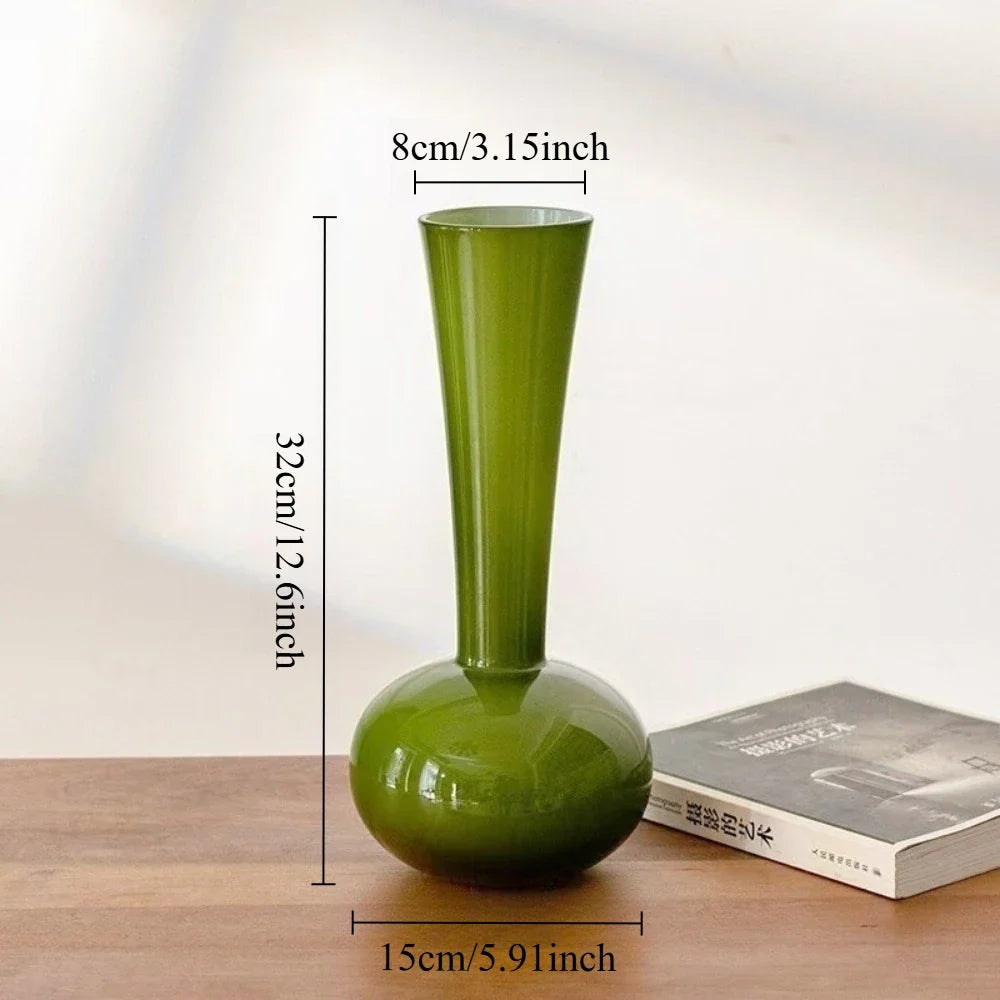 Modern Green Narrow Neck Glass Vase Floral Arrangements Bottle Minimalist Office Table Centerpiece Decor Home Aesthetic