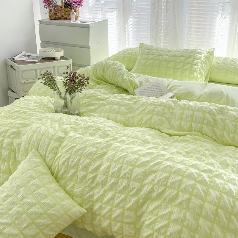 Simple Two-Tone Seersucker Bedding Set Super Soft Skin-Friendly Sheet Kit with Quilt Cover Nordic Solid Breathable Home Textile